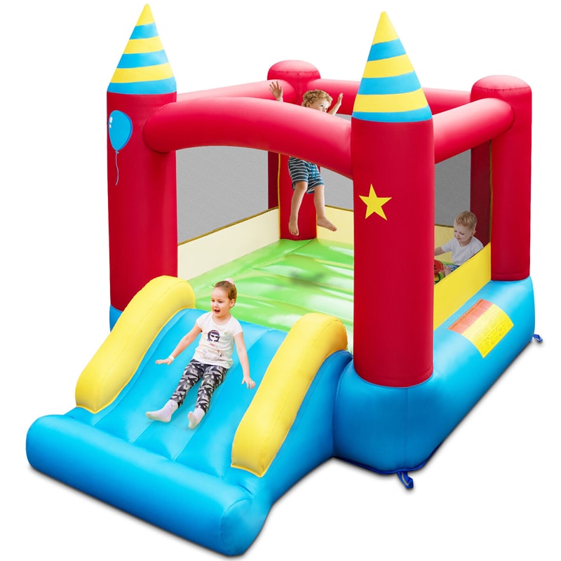 Inflatable Bounce House Stars Castle Portable Bouncy Castle with Large Jumping Area & Slide without Blower for Kids Outdoor Indoor Family Fun