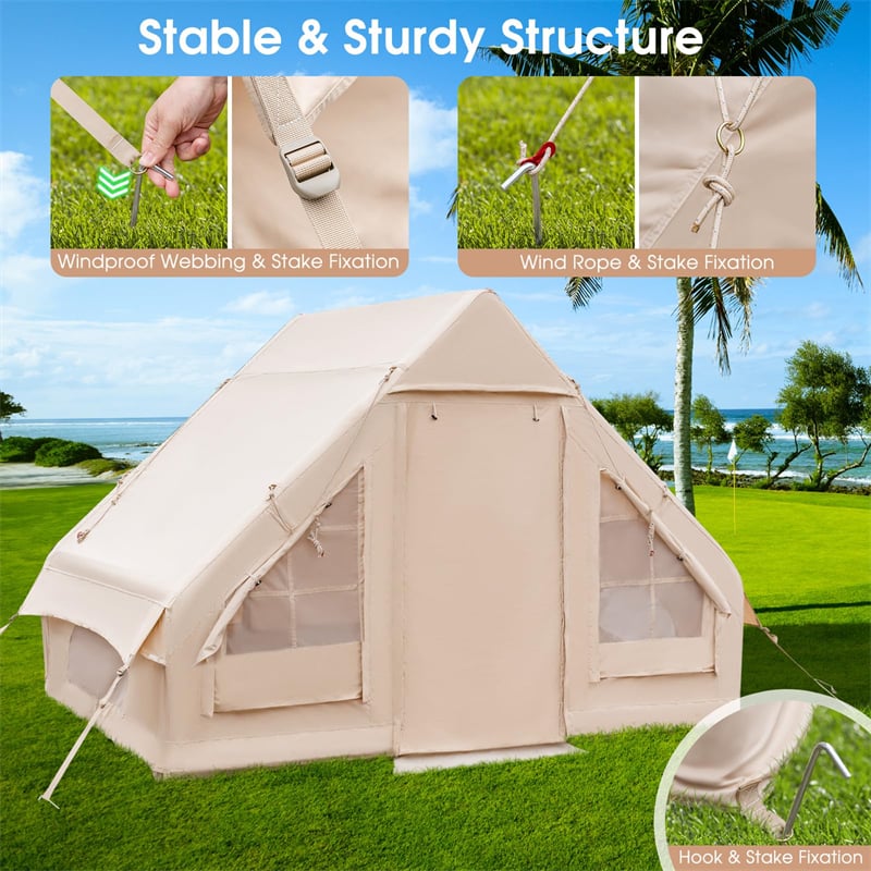 Inflatable Camping Tent 4-6 Person Glamping Tent 4-Season Luxury Canvas Cabin Tent Camping House Tent with Pump & 7 Mesh Windows