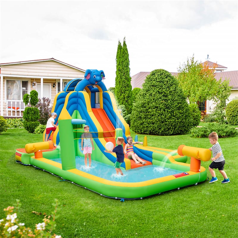Inflatable Water Slide Elephant Theme 9 in 1 Mega Waterslide Park with Splash Pool, Tic Tac Toe, Climbing Wall for Kids Backyard Family Fun