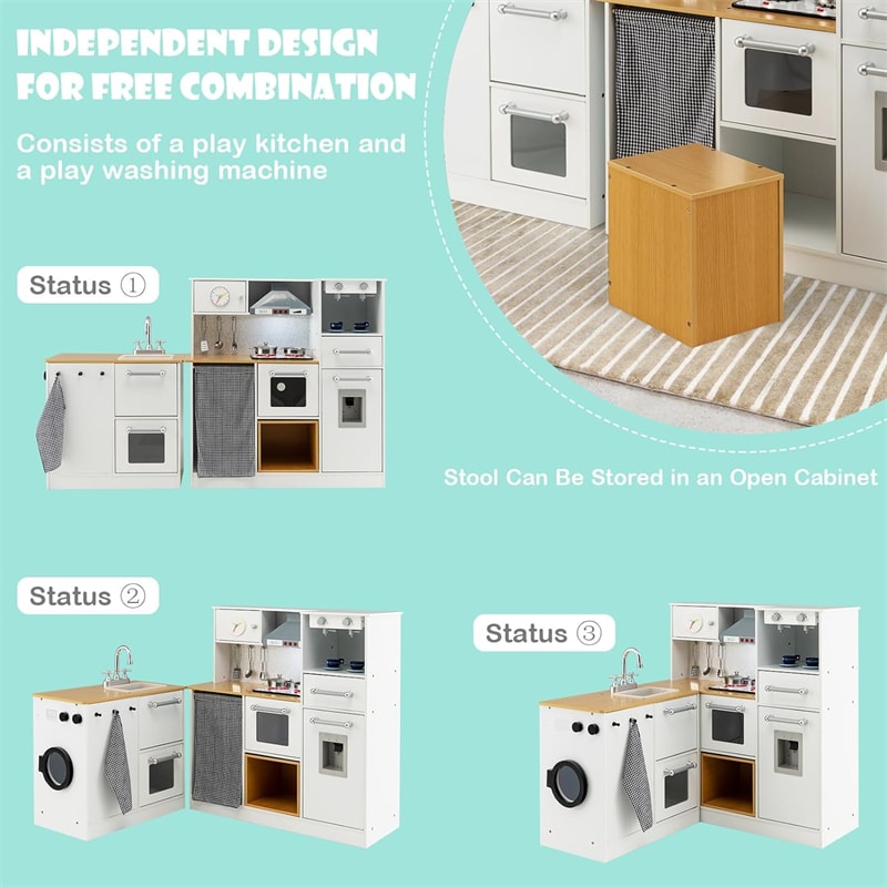 Kids 2-Piece Kitchen Playset Little Chef Wooden Modular Play Kitchen Toy Set with Movable Stool & Coffee Maker