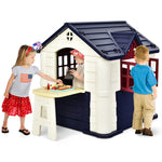 Kids Cottage Playhouse Outdoor Indoor Pretend Play House with Picnic Table, 7pcs Toy Set & Waterproof Cover