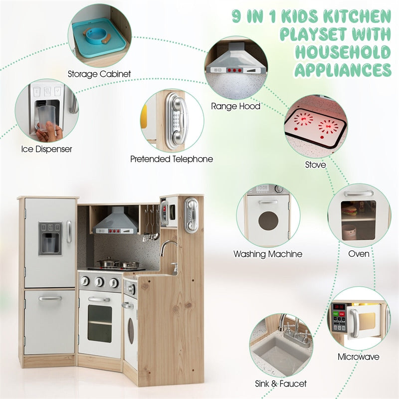 Kids Walk-in Kitchen Playset 9-in-1 Wooden Little Chef Pretend Play Kitchen Toy Set for Toddlers with Lights Sounds & Water Dispenser
