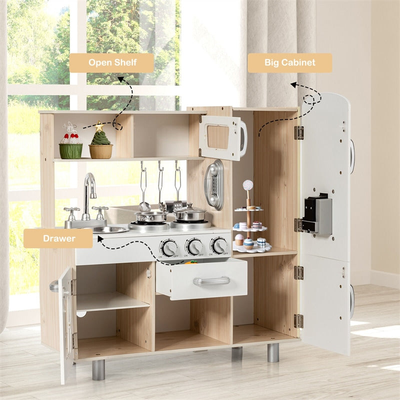 Kids Kitchen Playset Wooden Pretend Play Kitchen Little Chef Toy Kitchen Set with Cookware Utensils Water Dispenser & Storage Cabinet