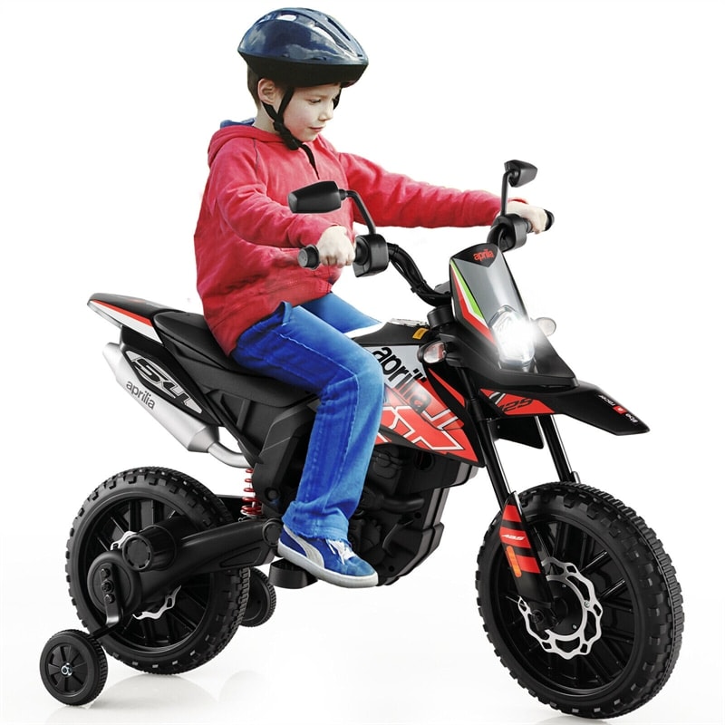 Kids Ride On Motorcycle 12V Licensed Aprilia Battery Powered Toddler Motorbike Electric Dirt Bike with Training Wheels & Lights