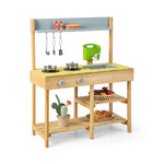 Kids Mud Kitchen Set Wooden Pretend Play Kitchen Toy Kitchen Set with Removable Sink, Real Water Box & Faucet
