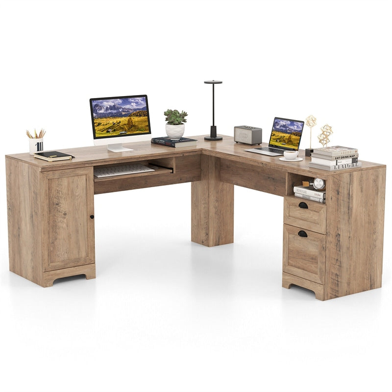 L-Shaped Home Office Desk 66" Corner Computer Desk Space-Saving Writing Table with Drawers & Storage Shelf
