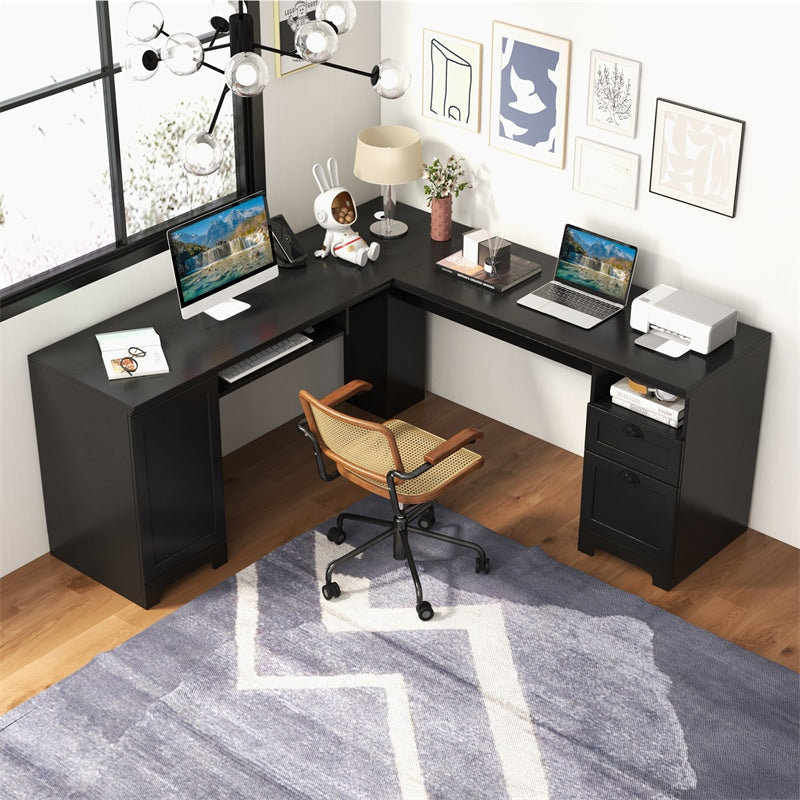 L-Shaped Home Office Desk 66" Corner Computer Desk Space-Saving Writing Table with Drawers & Storage Shelf