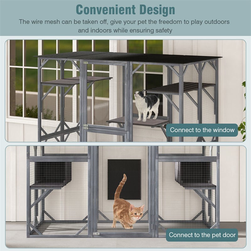 71" Tall Wooden Catio Outdoor Cat Enclosure Large Cat House Walk-in Cat Condo Cage with All-weather Asphalt Roof