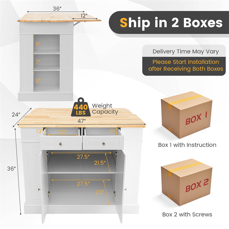 Large Drop Leaf Kitchen Island Stationary Kitchen Storage Island with Rubber Wood Countertop, 2 Drawers & Adjustable Shelves