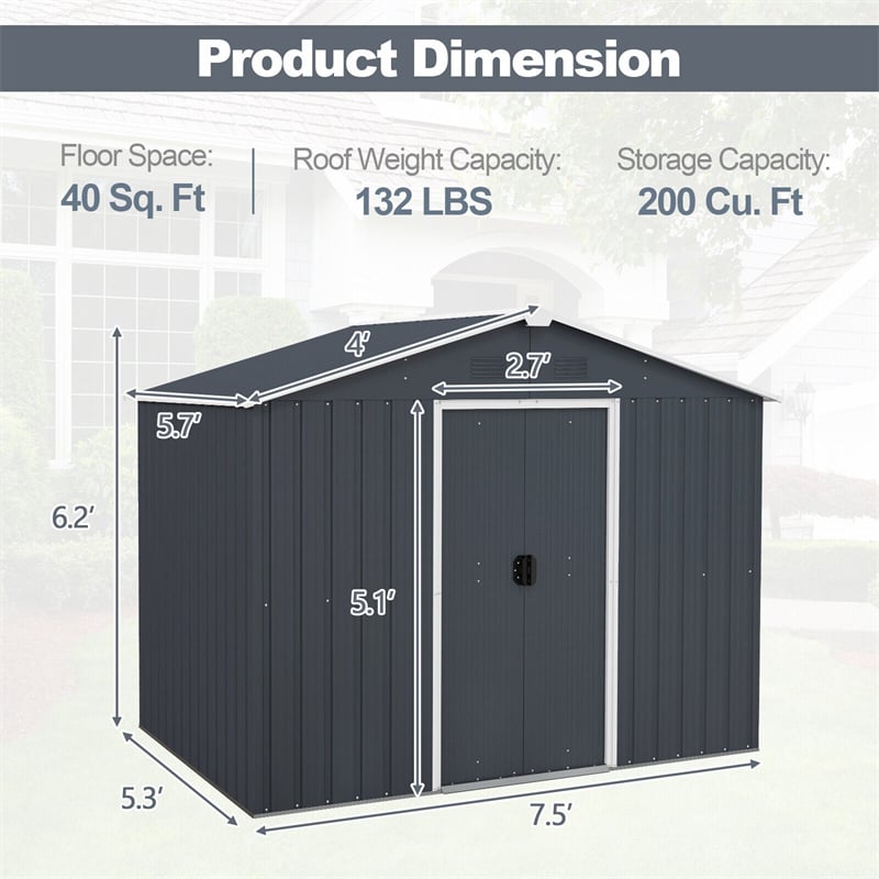 Large Metal Storage Shed 5.7' x 7.5' Outdoor Garden Tool House Bike Shed with Ground Foundation Frame & Lockable Sliding Door