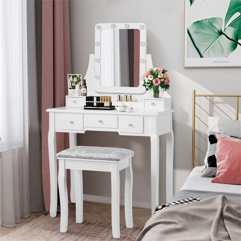 Makeup Vanity Set With Lighted Mirror & Cushioned Stool, Bedroom Dressing Table with 10 Dimming Light Bulbs & 5 Storage Drawers
