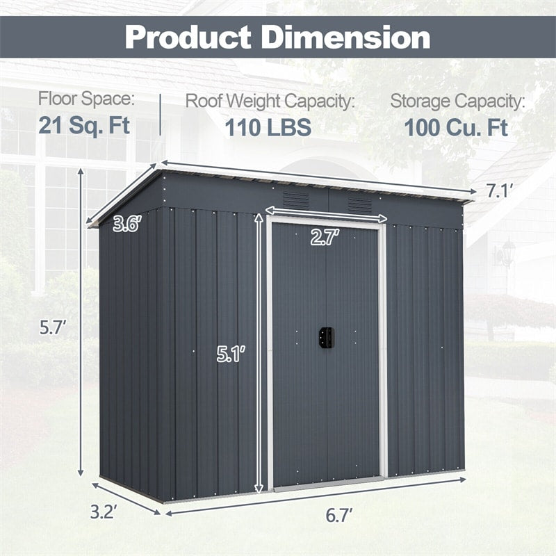 Metal Storage Shed 3.6' x 7.1' Garden Shed Tool House with Floor Base & Lockable Door for Outdoor Patio Backyard Lawn