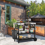 Movable Outdoor Grill Cart Stainless Steel 3-Tier Food Prep Table with Spice Rack, Garbage Bag Holder & 4 Hooks