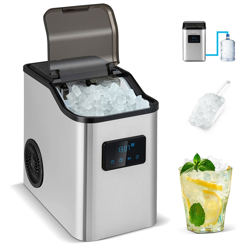 Countertop Nugget Ice Maker 60 Lbs/24H Portable Ice Maker Stainless Steel Pebble Ice Machine with Self-Cleaning & 2 Ways Water Refill
