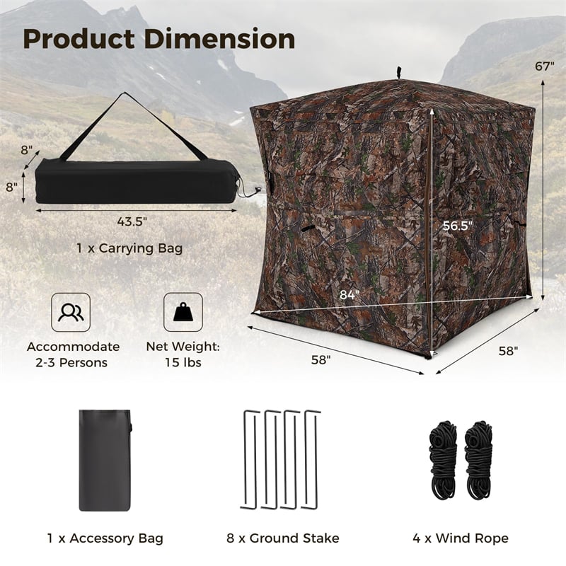One-Way See-Through Hunting Blind 360 Degree Ground Blind 2-3 Person Camouflage Turkey Hunting Tent with Full-Open Door, Carrying Bag