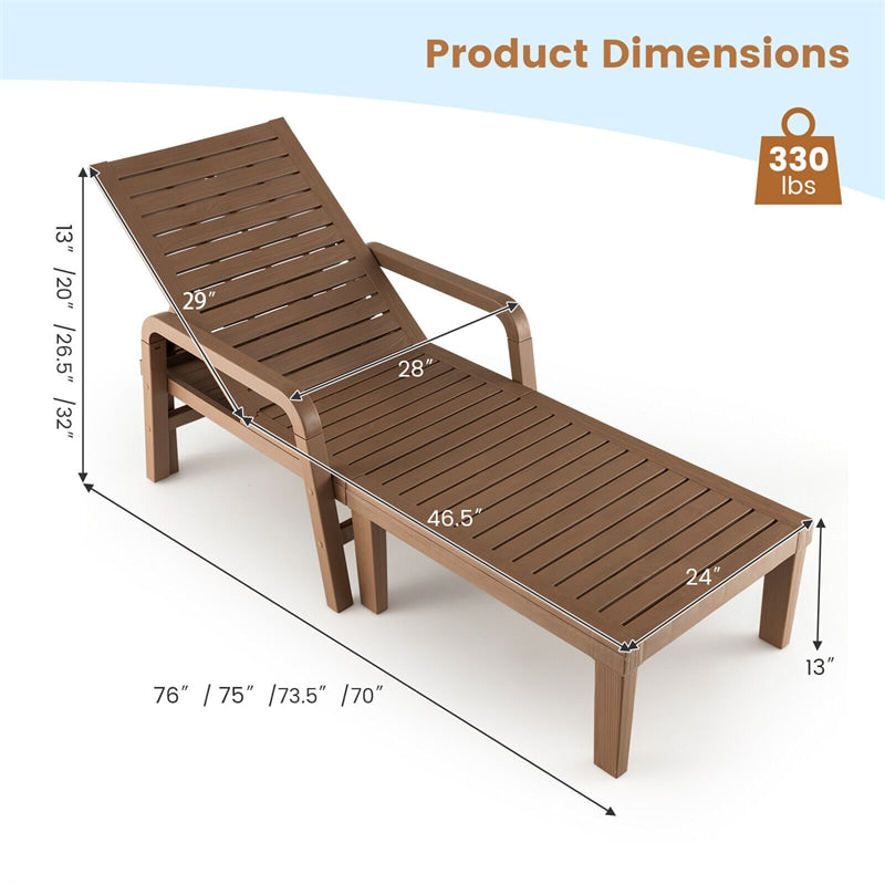 All Weather PP Outdoor Chaise Lounge Chair 4-Position Adjustable Backrest Patio Recliner Chair with Curved Armrests