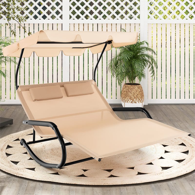 Outdoor Double Chaise Lounge Rocker Metal Frame 2 Person Rocking Lounge Chair with Adjustable Canopy, 2 Detachable Pillows & Wheels