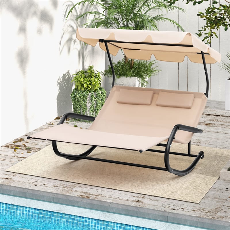 Outdoor Double Chaise Lounge Rocker Metal Frame 2 Person Rocking Lounge Chair with Adjustable Canopy, 2 Detachable Pillows & Wheels