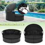 Outdoor Round Daybed Wicker Furniture Clamshell Sectional Seating with Retractable Canopy, Cushions & Pillows for Backyard Porch Poolside