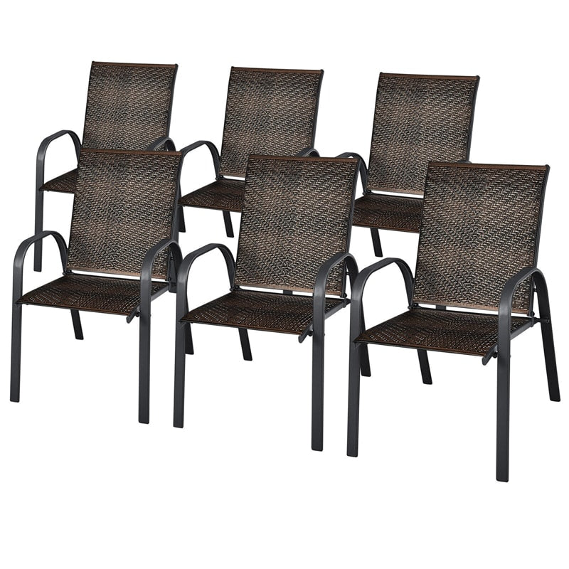 Outdoor Stackable Chairs Set of 6 PE Wicker Patio Dining Chairs with Armrest Sturdy Steel Frame & for Garden Yard Deck Lawn