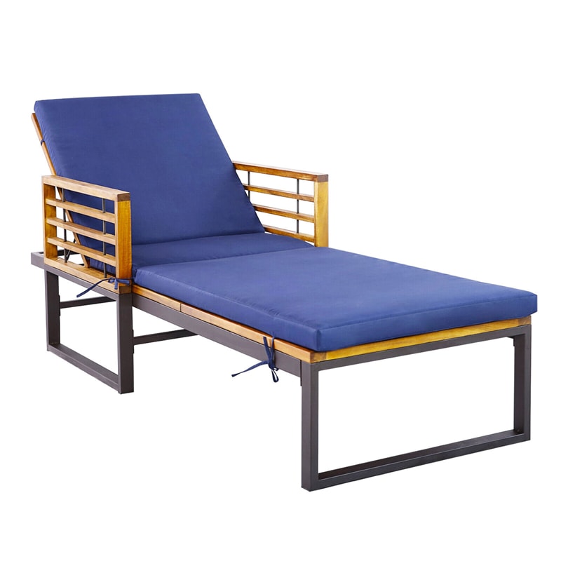 Patio Chaise Lounge Acacia Wood Metal Frame Adjustable Reclining Pool Lounge Chair with Cushion