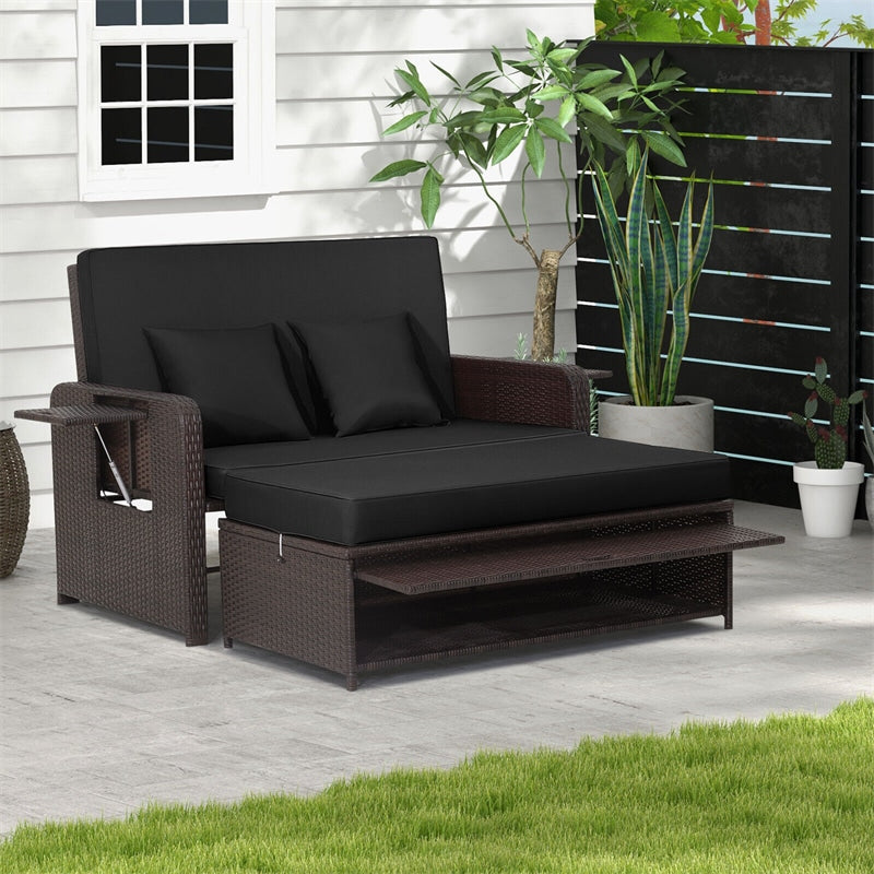 Outdoor Rattan Daybed Set Wicker Loveseat Sofa Backrest Adjustable with Ottoman, Cushions & Retractable Side Tale