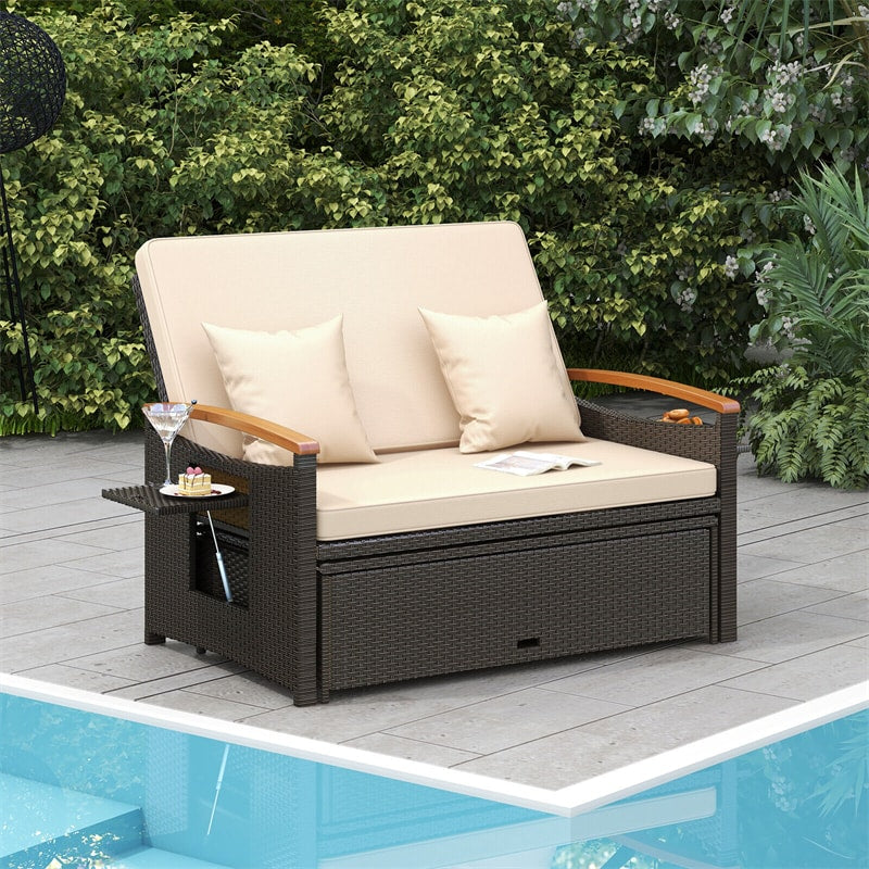 Patio Rattan Daybed Set Outdoor Double Chaise Lounge Adjustable Backrest with Cushioned Loveseat, Storage Ottoman & Retractable Side Tray