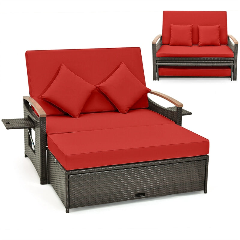 Patio Rattan Daybed Set Outdoor Double Chaise Lounge Adjustable Backrest with Cushioned Loveseat, Storage Ottoman & Retractable Side Tray