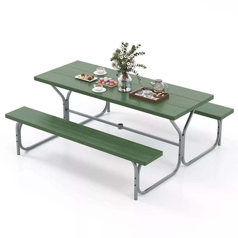 8-Person Picnic Table Bench Set 6FT Large Outdoor Picnic Table with Umbrella Hole, HDPE Tabletop, Metal Frame & 2 Built-in Benches