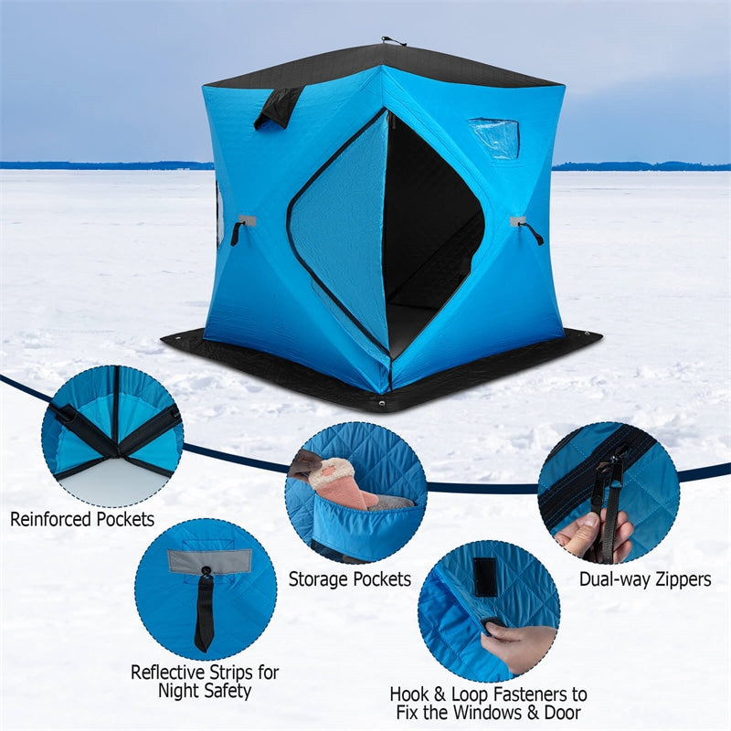 Pop-Up Ice Fishing Shelter 2-Person Insulated Ice Fishing Tent Portable Ice Shanty Thermal Ice Shack with Cotton Padded Walls & Carrying Bag Red