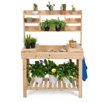 Potting Bench Table 60.5” Solid Wood Garden Workstation Workbench Table with Flip-Up Tabletop, Shelves & & Hanging Hooks