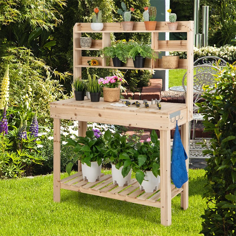 Potting Bench Table 60.5” Solid Wood Garden Workstation Workbench Table with Flip-Up Tabletop, Shelves & & Hanging Hooks