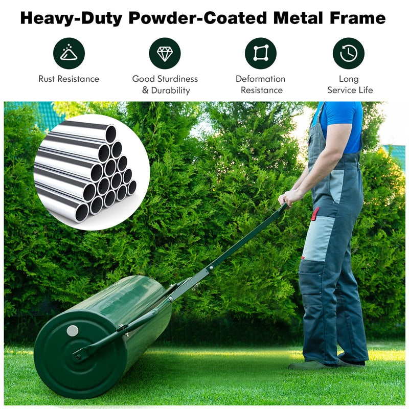 Lawn Roller Push/Tow-Behind Lawn Roller 30 Gallon Water Sand Filled Sod Drum Roller with Detachable Handle for Garden Yard Park Farm