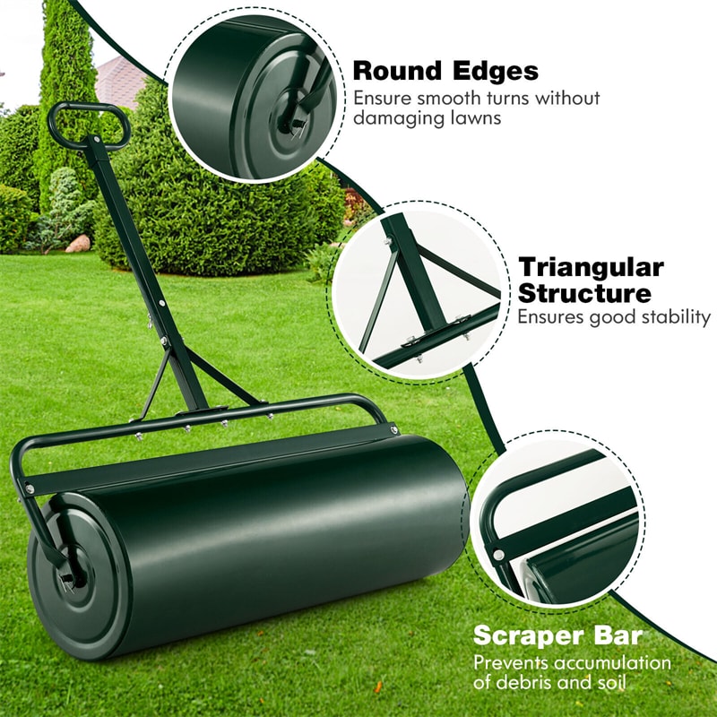 Push/Tow-Behind Lawn Roller with Detachable Handle 30 Gallon Water/Sand-Filled Sod Drum Roller for Garden Yard Park Farm