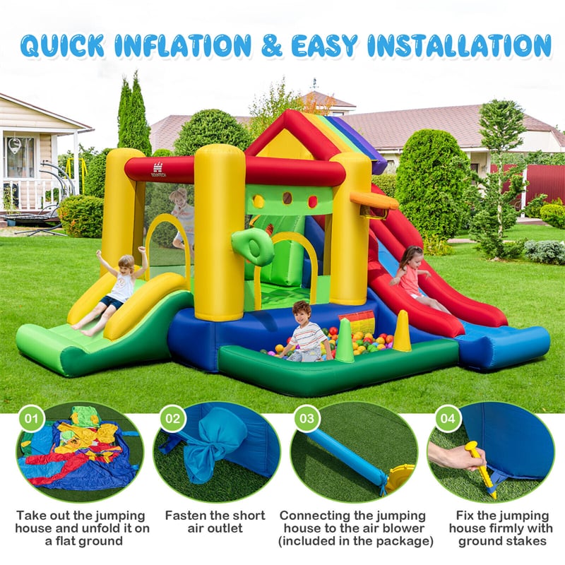 7-in-1 Rainbow Castle Inflatable Bounce House Backyard Dual Slide Bouncy House with 735W Blower & 50 Ocean Balls for Kids Indoor Outdoor Party Fun