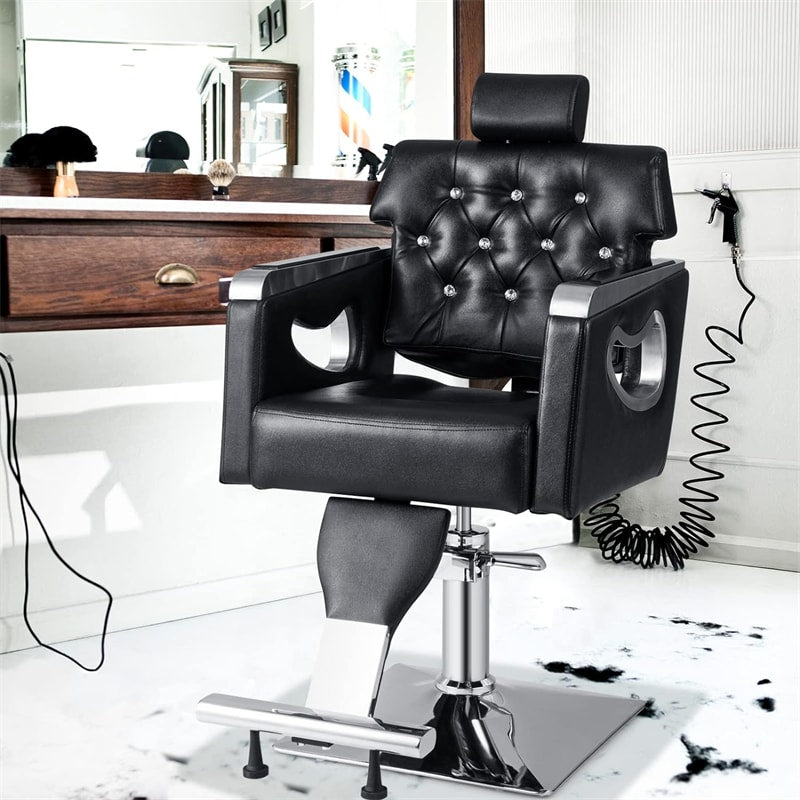 Reclining Salon Chair Heavy Duty Hydraulic Barber Chair Height Adjustable 360° Swivel Luxury Leather Padded Styling Chair with Headrest