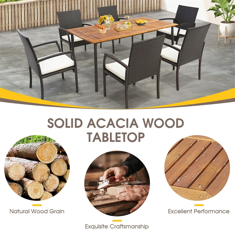Rectangular Acacia Wood Patio Dining Table Large Outdoor Farm Table with Umbrella Hole & Metal Legs