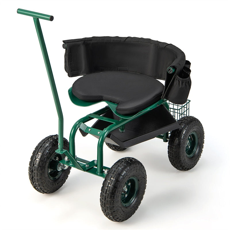 Rolling Garden Cart Gardening Workseat with 4 Wheels & 2 Handles, Height Adjustable Garden Scooter with 360° Swivel Seat & Tool Storage