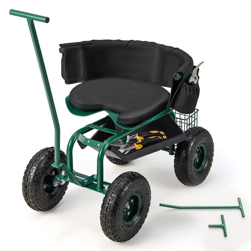 Rolling Garden Cart Gardening Workseat Height Adjustable Garden Scooter 360° Swivel Seat with 4 Wheels 2 Handles Removable Cushion