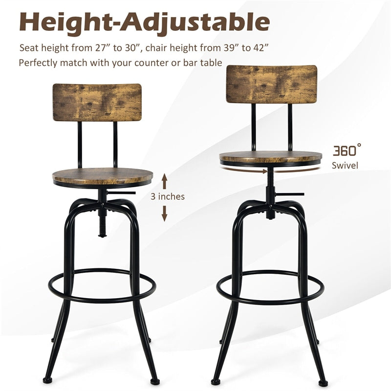 Set of 2 Woodsboro Barstools Adjustable Industrial Bar Stools Swivel Counter Height Dining Chairs with Detachable Arc-Shaped Backrest