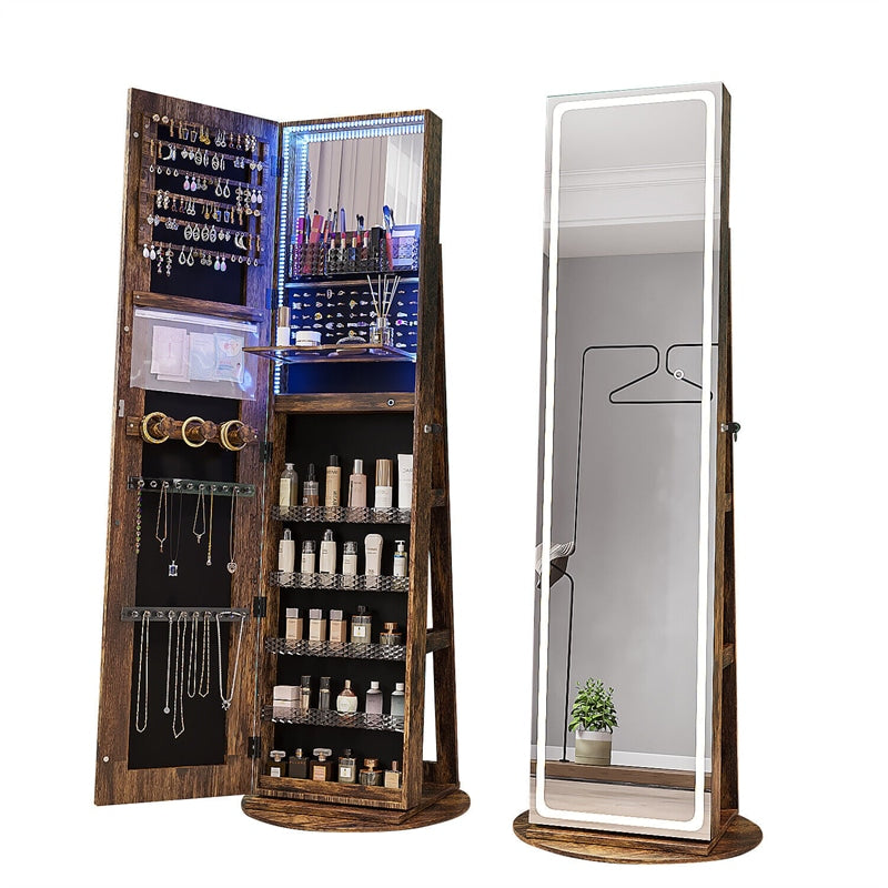 360° Swivel Full Length Mirror Jewelry Armoire 63" H Lockable Standing Jewelry Organizer with 3-Color LED Lighted Mirror & Rear Storage Shelves