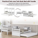 Twin Over Twin Convertible Bunk Bed Solid Wood Platform Bed Frame Space-Saving Bunk Bed with Trundle & Ladder for Teens Adults