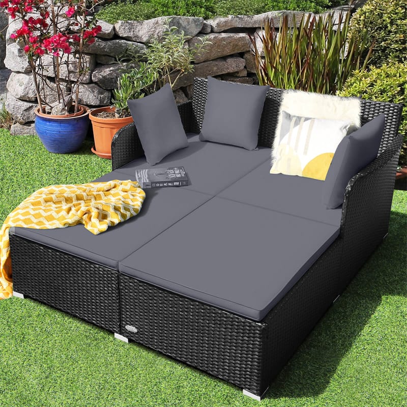 Wicker Outdoor Daybed Double Chaise Lounge Rattan Sun Lounger Cushioned Sofa Furniture with Spacious Seat & Pillows