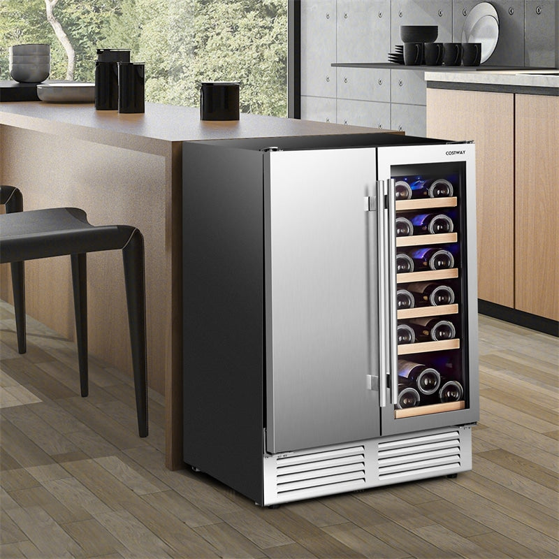 2-in-1 Wine and Beverage Refrigerator 24" Dual Zone Undercounter Wine Beverage Cooler Freestanding Built-in Wine Fridge with Stainless Steel Door