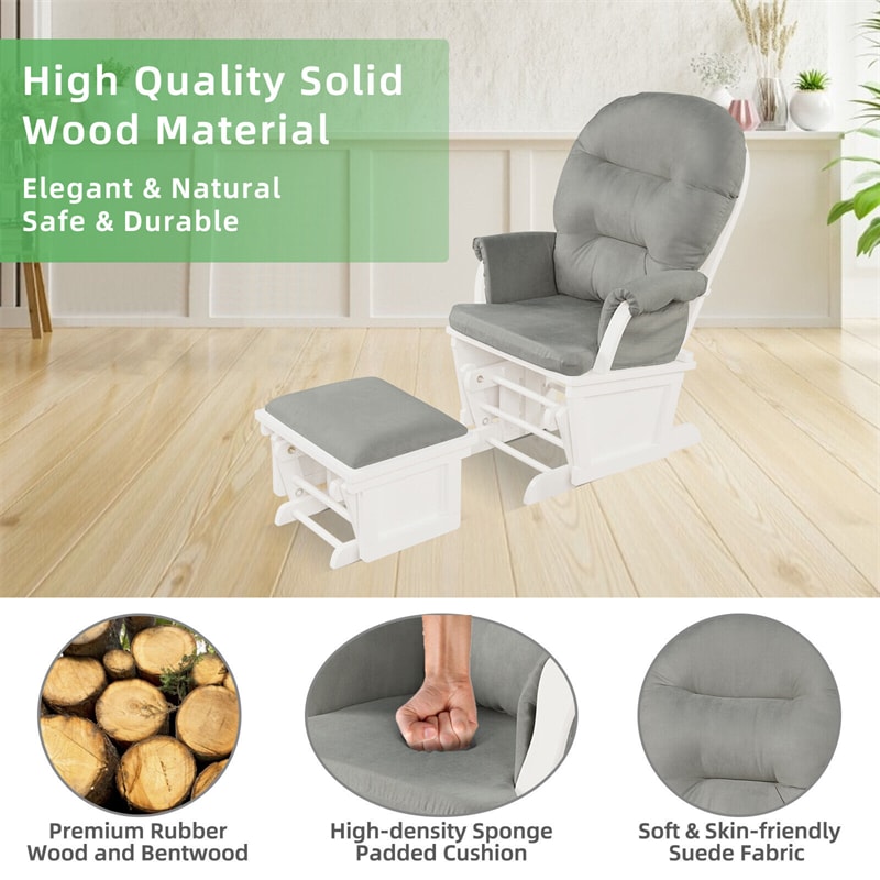 Nursery Glider and Ottoman Cushion Set Wooden Baby Glider Rocker Living Room Rocking Chair with Padded Armrests & Detachable Cushion