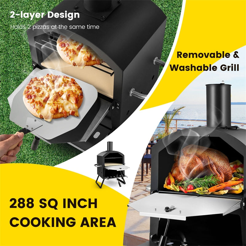 Wood Fired Pizza Oven 2-Layer Outdoor Pizza Oven Grill Pizza Maker with Pizza Stone, Pizza Peel & Removable Cooking Rack
