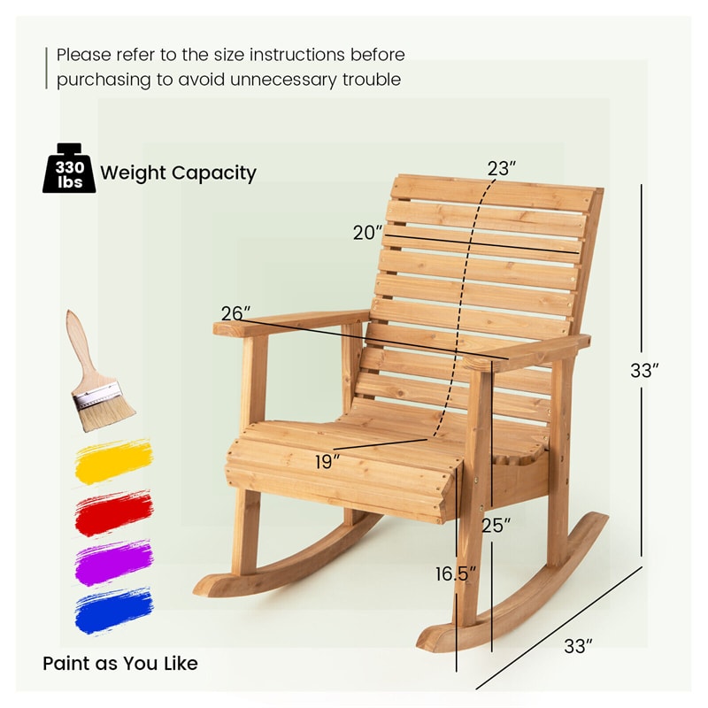 Wood Outdoor Rocking Chair Patio Rocker 330 Lbs Weight Capacity Fir Wood Chair with High Backrest & Wide Armrests for Garden Yard Indoor