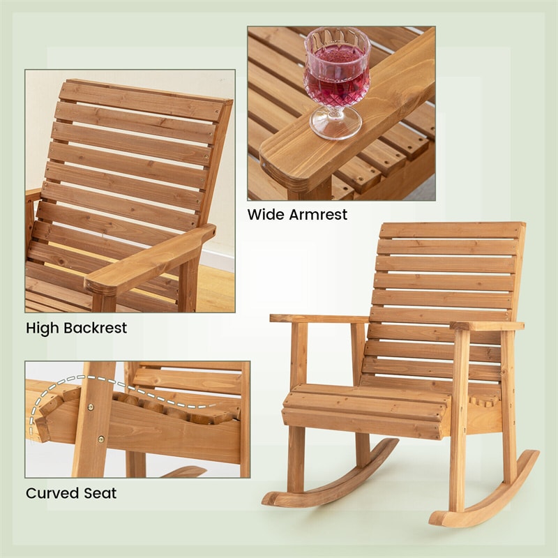 Wood Outdoor Rocking Chair Patio Rocker 330 Lbs Weight Capacity Fir Wood Chair with High Backrest & Wide Armrests for Garden Yard Indoor
