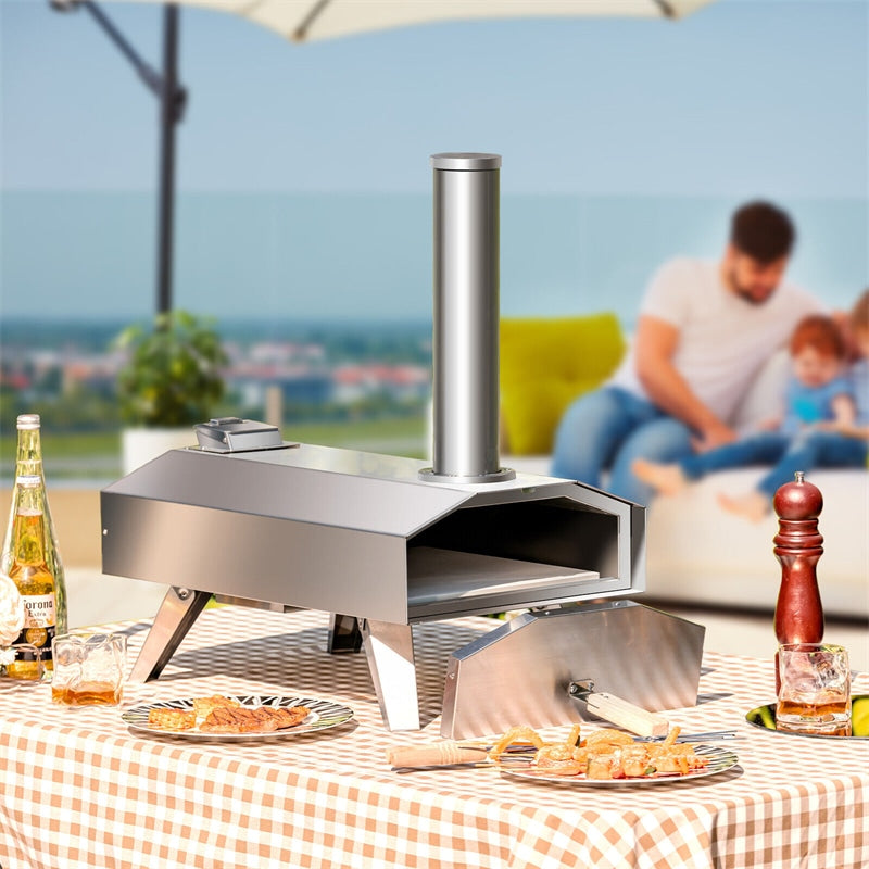 Wood Pellet Pizza Oven Stainless Steel Portable Outdoor Pizza Maker with 12'' Pizza Stone & Foldable Legs