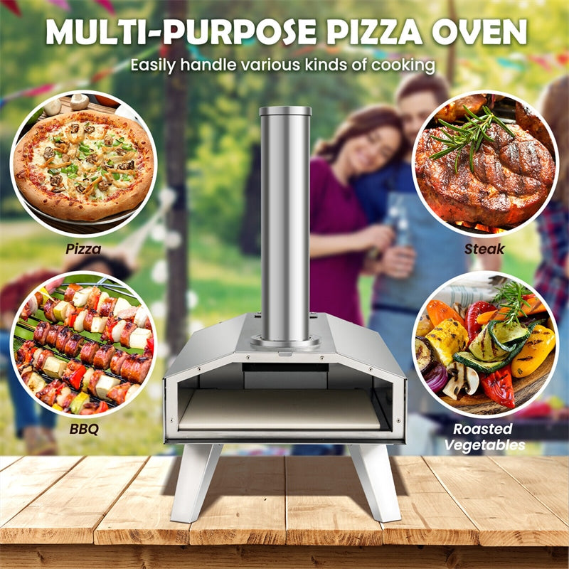 Outdoor Pizza Oven Stainless Steel Wood Fired Pizza Oven Wood Pellet Grill Pizza Maker with 12'' Pizza Stone & Foldable Legs